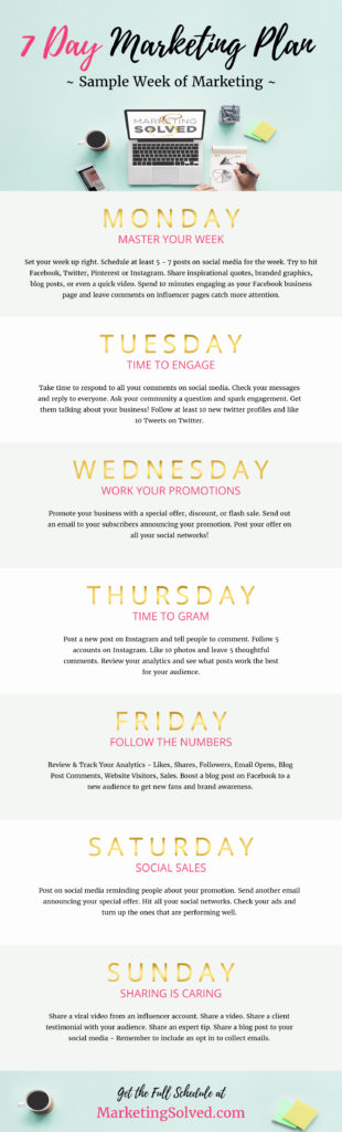 This Free 7 Day Marketing Plan & Template will help you focus on the right activities to do every day to market your business. //Marketing Planner // Sample Marketing Week// Weekly Marketing Planner //Social Media Planner